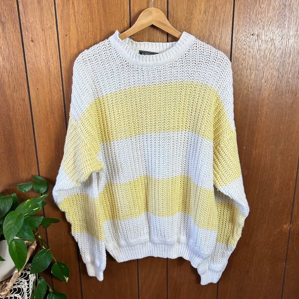 Vintage Agenda Striped Knit Sweater White Yellow Oversized Pullover Size L